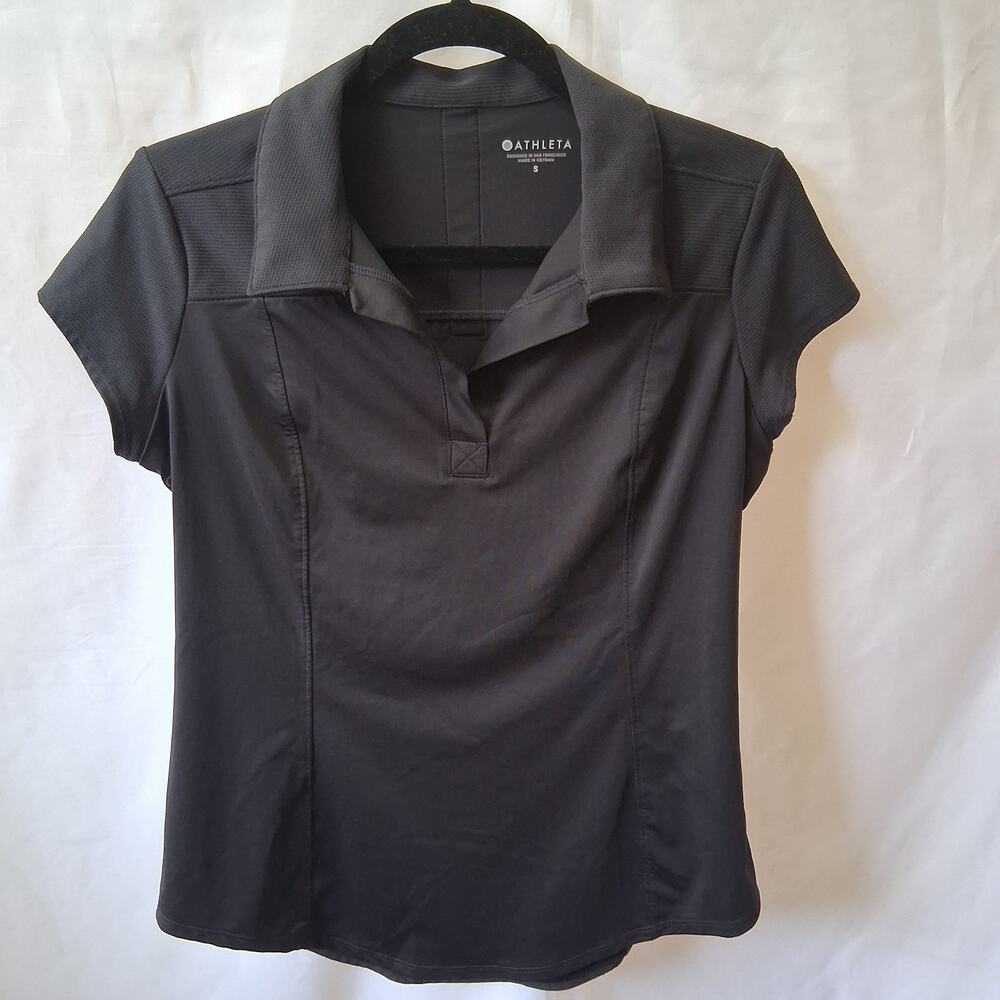 Athleta Women Golf Collared Shirt Tennis Workout Breathable Fabric Black Size-S